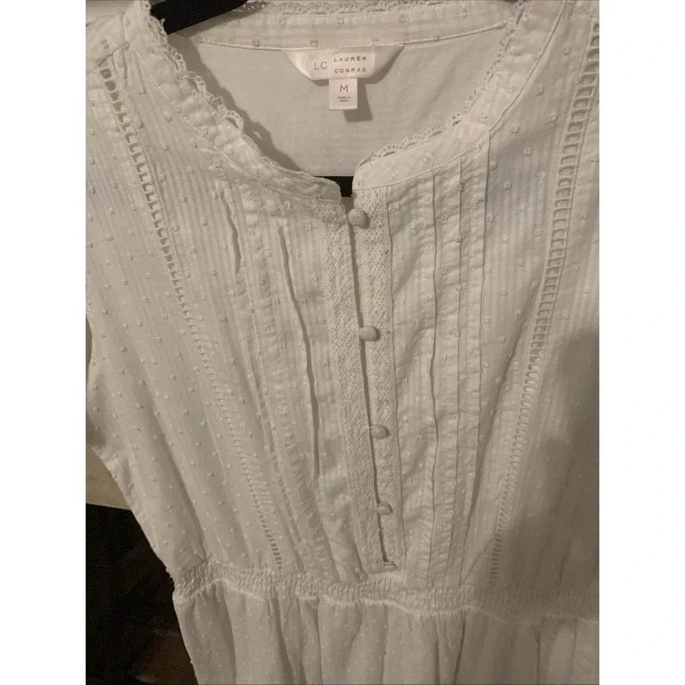 Lauren Conrad Women's Dress Short Sleeve White Ruffled Elastic Waist Size M